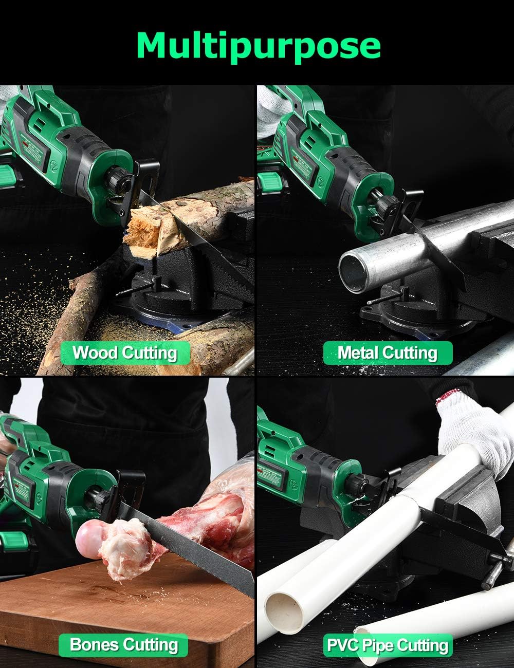 KIMO 20V 4.0Ah Li-ion Brushless Cordless Reciprocating Saw w/Battery & 1 Hour Fast Charger, 1" Stroke Length, Variable Speed, 8 Saw Blades for Wood/Metal/PVC Pipe Cutting, Demolition, Tree Trimming - - 