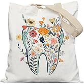 APJYM Dentist Gifts Tote Bag, Dental Assistant Hygienist Gifts Canvas Tote Bags for Women, Boho Floral Tooth Dental Reusable Grocery Shopping Bags