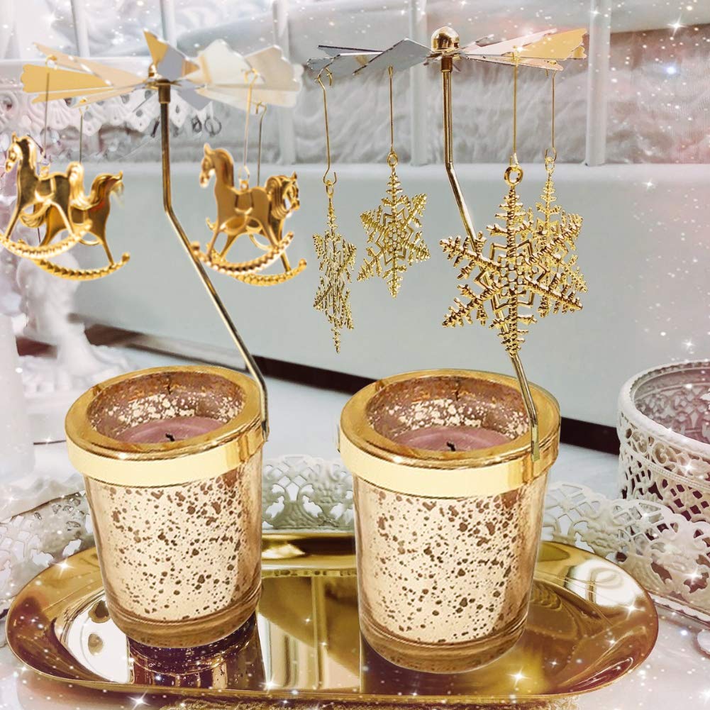 Tea Light Holder, 1 Set Rotating Candle Holder Romantic Candle Light Dinner for Home Decor Gifts Frosted Glass Scandinavian Design Candle Holder with Snowflake and Feather Ornaments(Without Candles)