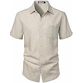 ZEROYAA Men's Linen Shirts Short Sleeve Summer Casual Button Down Beach Shirt with Pocket