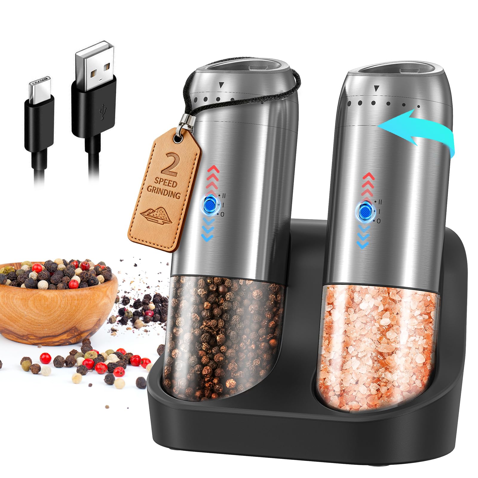Photo 1 of Gravity Electric Salt and Pepper Grinder Set with Rechargeable Base, 2-Speed Grinding Control Stainless Steel Pepper Mill Set with Adjustable Coarseness, LED Light & 176ml Large Capacity