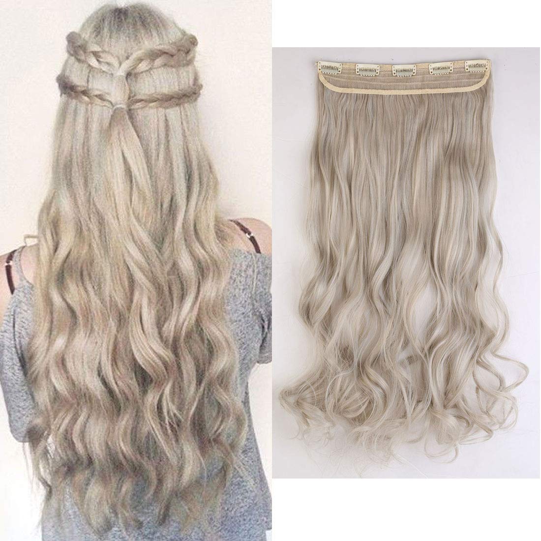 S-noilite Fashion One Piece Clip in Hair Extensions Half Full Head 5 Clips Curly Wavy Hairpiece 24 Inches(60cm)- Ash Blonde mix Silver Grey