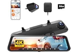 WOLFBOX G850 12" 4K Rear View Mirror Camera with 5.8GHz WiFi and Voice Control, Smart Mirror Dash Cam Front and Rear, Backup 