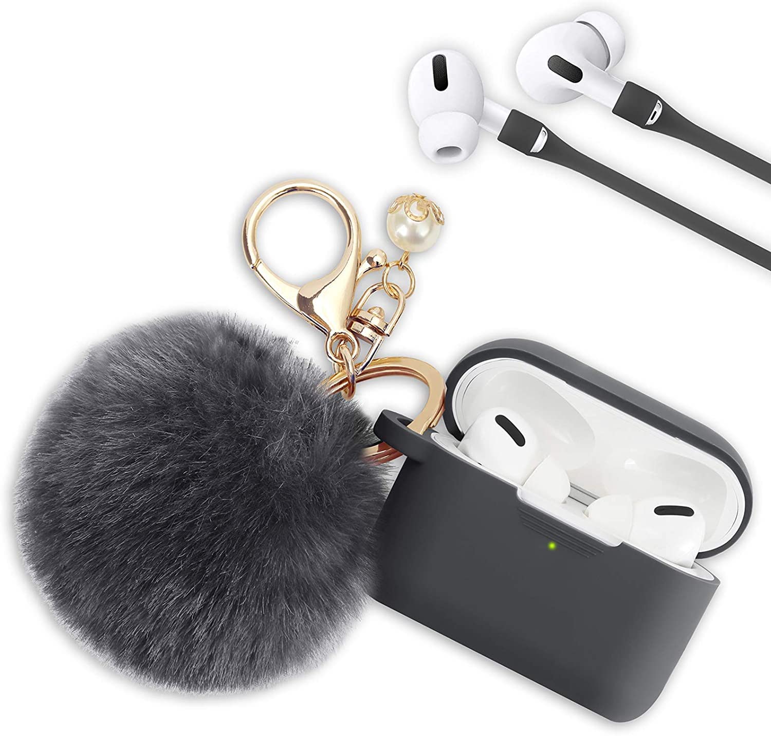 AirPods Pro Case PERSONALLY YOURZ Protective Airpod Pro Case with Fluffy Pompom Best Gift for Women and Girls (Dark Grey)