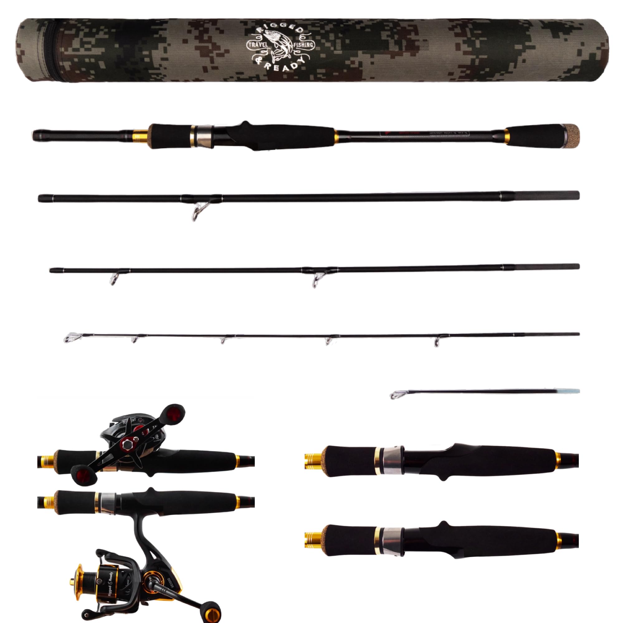 Rigged and Ready Predator P-S-B Unique Predator-Spin-Baitcast Travel Fishing Rod + Case+Micro Trigger +2 Tips,Rod Lengths 2.2+1.85m