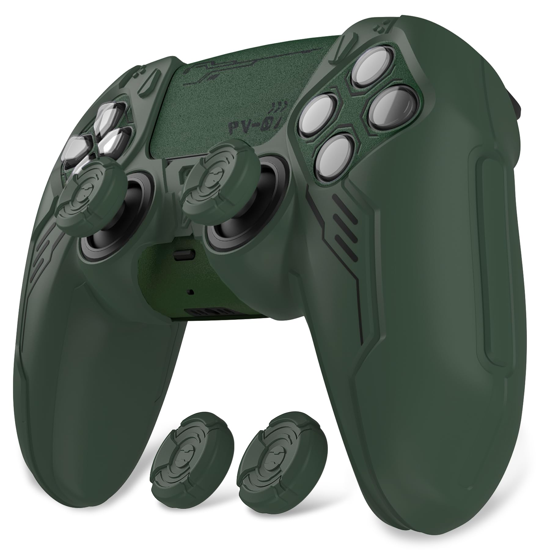 PlayVital Mecha Edition Silicone Cover Compatible with ps5 Controller with 2 Joystick Caps and 6 Stickers, Shockproof Non-Slip Grip Protector Accessories, Fits for ps5 Charging Station - Racing Green