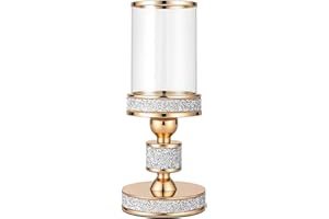 Dounx Pillar Candle Holder with Glass Wind Proof, Metal Hurricane Holders, Gold Crystal Candle Stand for Table Centerpieces, Home Decor, Wedding, Dining Table (S, 1PC)