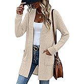 Velvelhall Women's Long Cardigan Sweater with Patch Pockets, Open Front Long Sleeve Lightweight Loose Ribbed Knit Coatigan