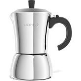 LuxHaus 6 Cup Moka Pot (2oz each cup - 12oz total) Stovetop Espresso Maker - Stainless Steel Italian and Cuban Mocha Coffee Maker