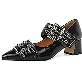 YODEKS Block Heel Mary Janes for Women Mary Jane Low Heels for Women Patent Black Size 7.5