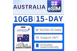 JetSIM eSIM Australie (15 jours), 10 Go de données haut débit, activation rapide avec code QR, aucune expédition ou carte SIM