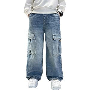 Boys Cargo Jeans Casual Elastic Waist Denim Pants Baggy Wide Leg Vintage Streetwear Jeans Pockets Kids Tween Fashion Trousers