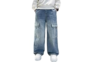 Boys Cargo Jeans Baggy Wide Leg Denim Pants Kids Elastic Waist Button Trousers Trendy Preppy Y2k Streetwear with Pockets