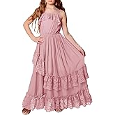 MITILLY Girls Boho Lace Flower Dresses Spaghetti Strap A-Line Ruffle Tiered Flowy Wedding Party Maxi Dress with Pockets