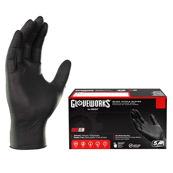 GLOVEWORKS BLACK NITRILE GLOVES 5 MIL DISPOSABLE FOR FOOD SERVICE, COOKING, PROFESSIONAL CLEANING, SIZE MEDIUM, BOX OF 100