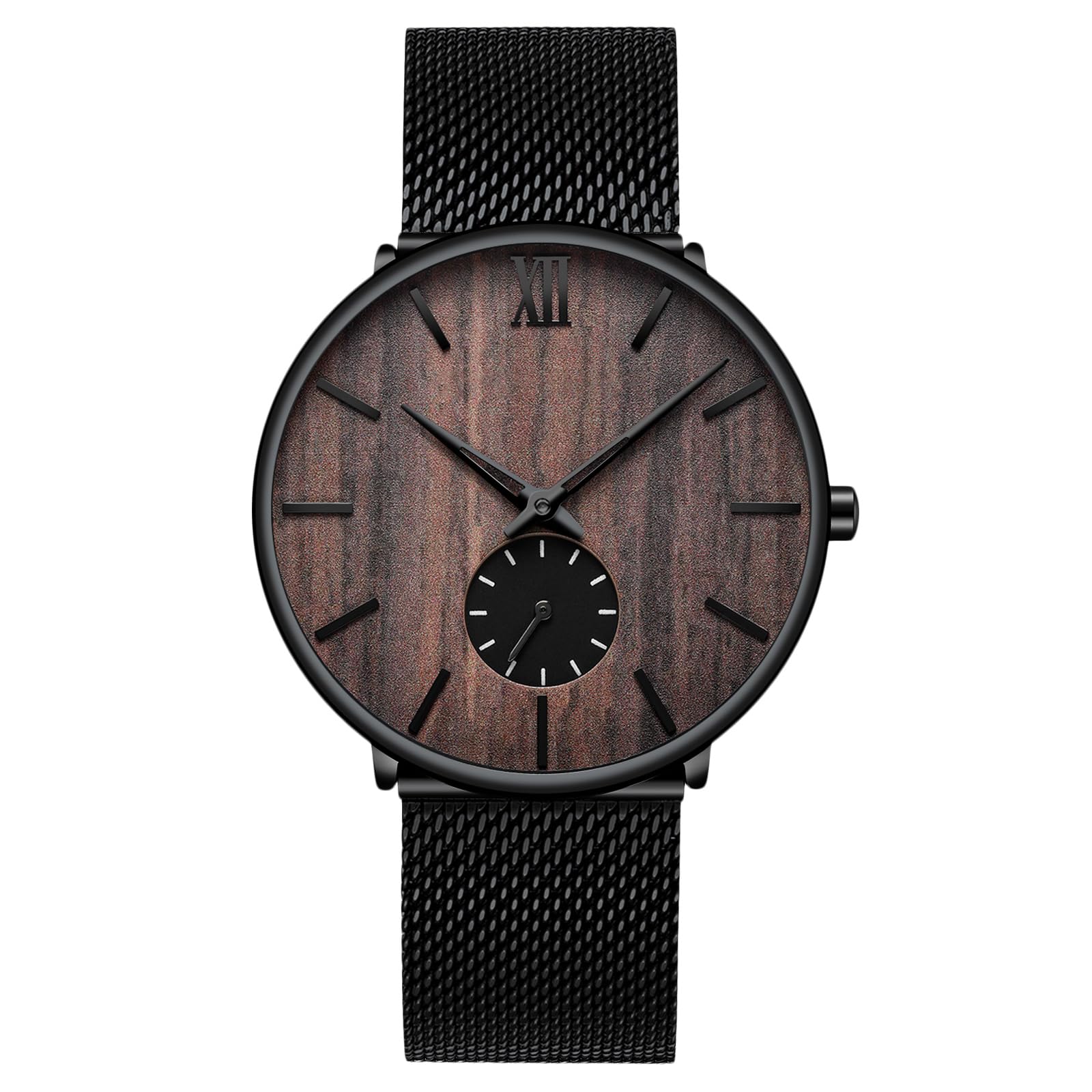 RORIOS Men Watches Analog Quartz Watch Minimalist Ultra Thin Wrist Watch with Black Stainless Steel Mesh Band Fashion Dress Watch for Men