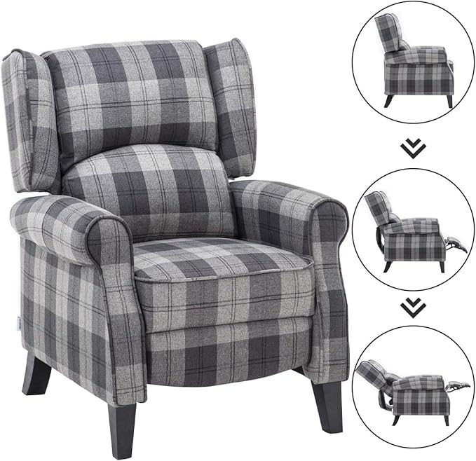 Warmiehomy Wing Back Recliner Chair Fabric Tartan Lounge Armchair Sofa