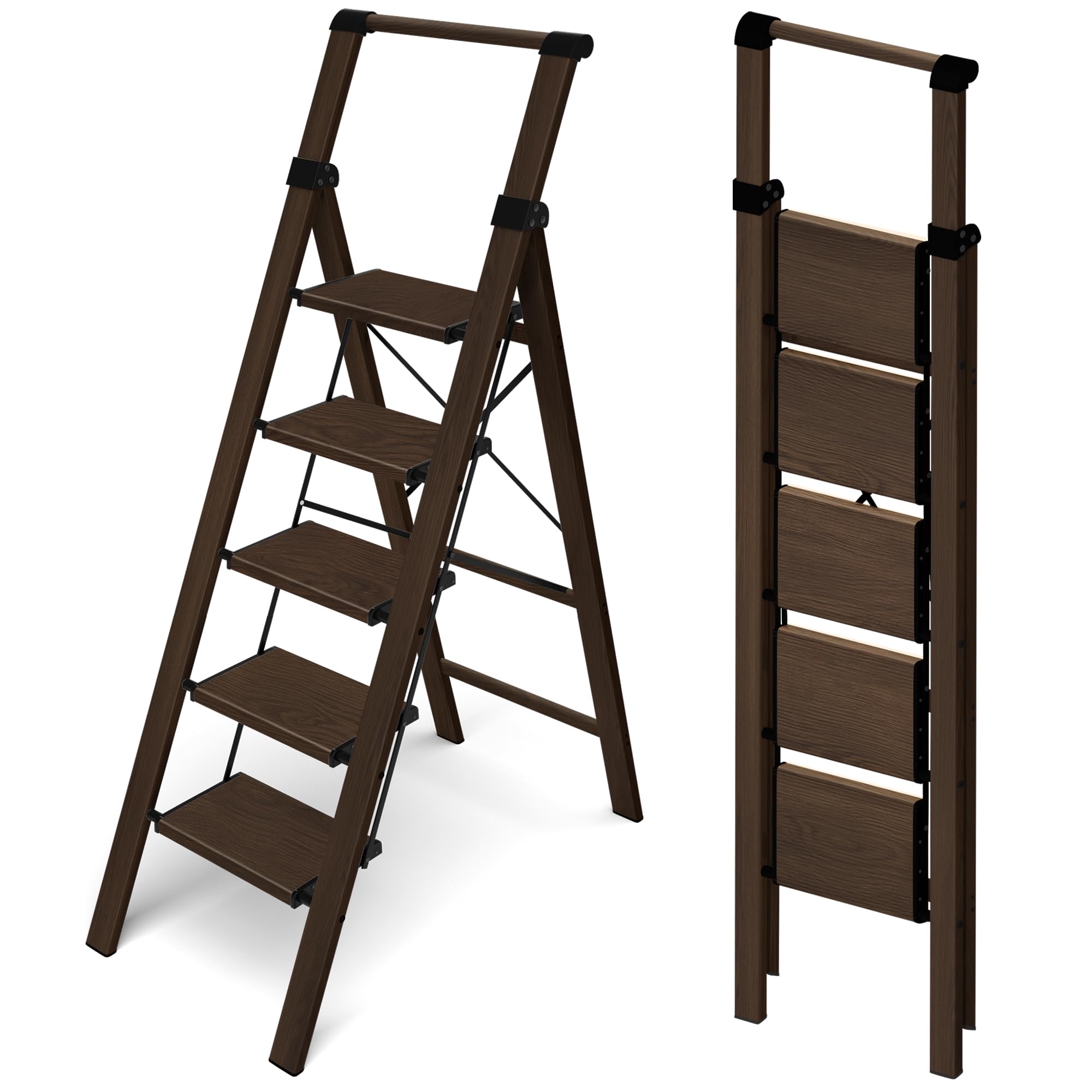 Photo 1 of HillhutApex 5 Step Foldable Aluminum Step Ladder with Handgrip, Anti-Slip Pedal, 330lbs Capacity, Lightweight & Portable for Home, Kitchen, Office, Garage (Walnut)