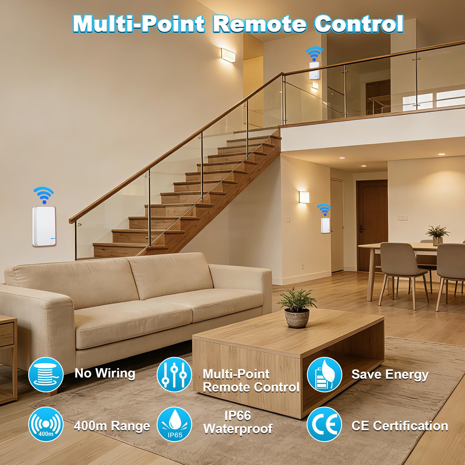 Funkschalter 230V, NineLeaf MiNi Lichtschalter Funk mit Fernbedienung, Einfache Installation, Reichweite der Fernbedienung 100m, IP66 Wasserdicht Tragbarer Kabelloser Schalter für 1000W Lampe 2