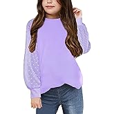 Yekaty Girls Shirts Casual Solid Color Crewneck Blouses Soft Long Sleeve Swiss Dots Chiffon Tops