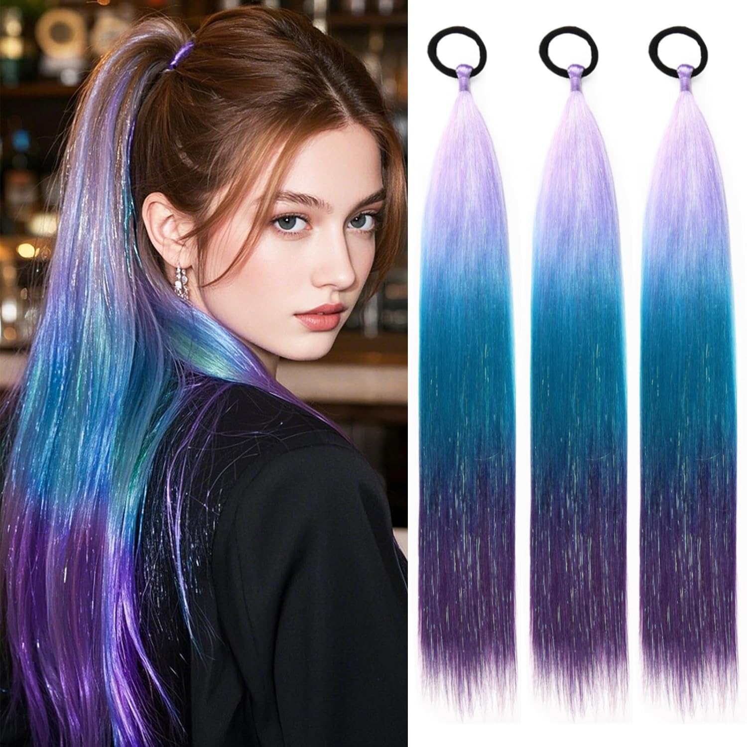 PORSMEER 3 Packs Ponytail Extension 24 inch Light Purple to Blue to Dark purple Colored Hair Extensions Glitter Tinsel Mixed for Braiding Ombre Pony Tail with Hair Tie Rave Crazy Hair Day — image 1