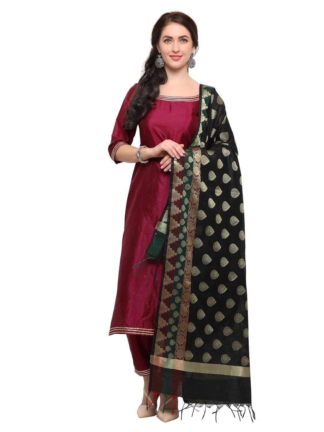 inddus women's cotton blend zari woven dupatta (ind-isk-527-b-dp, black and gold)