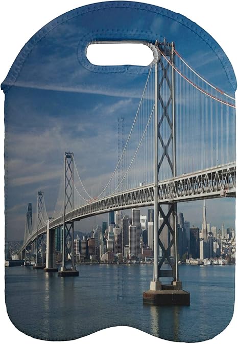Amazon Com Lunarable City Wine Bottle Carrier San Francisco Bay Bridge In The Morning Historical City Structure Panoramic Picture Portable Neoprene Bag For Champagne And Water Bottles 2 Bottles Grey Blue Bar