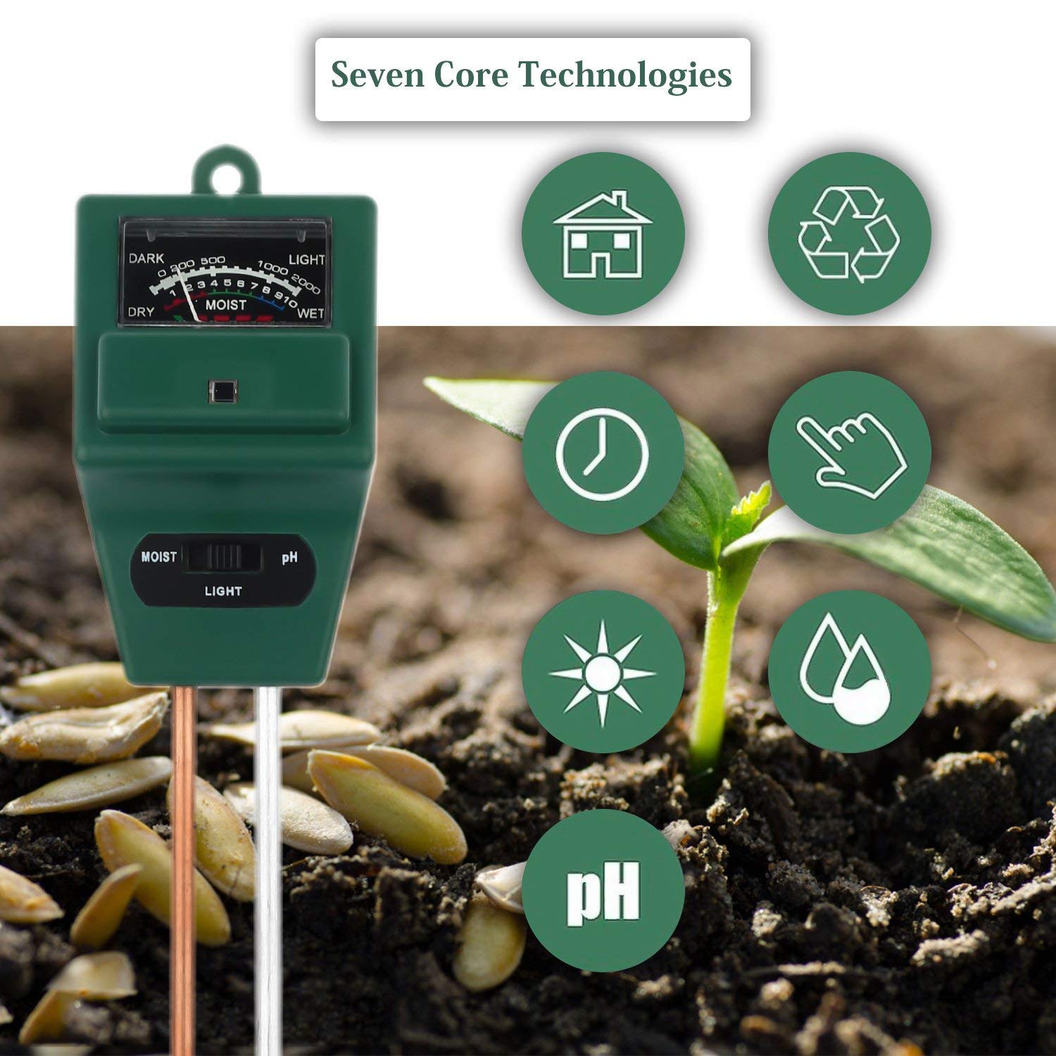 Aitere Soil pH Meter, MS01 3-in-1 Soil Moisture/Light/pH Tester Gardening Tool Kits for Plant Care, Great for Garden, Lawn, Farm, Indoor & Outdoor Use (Green)
