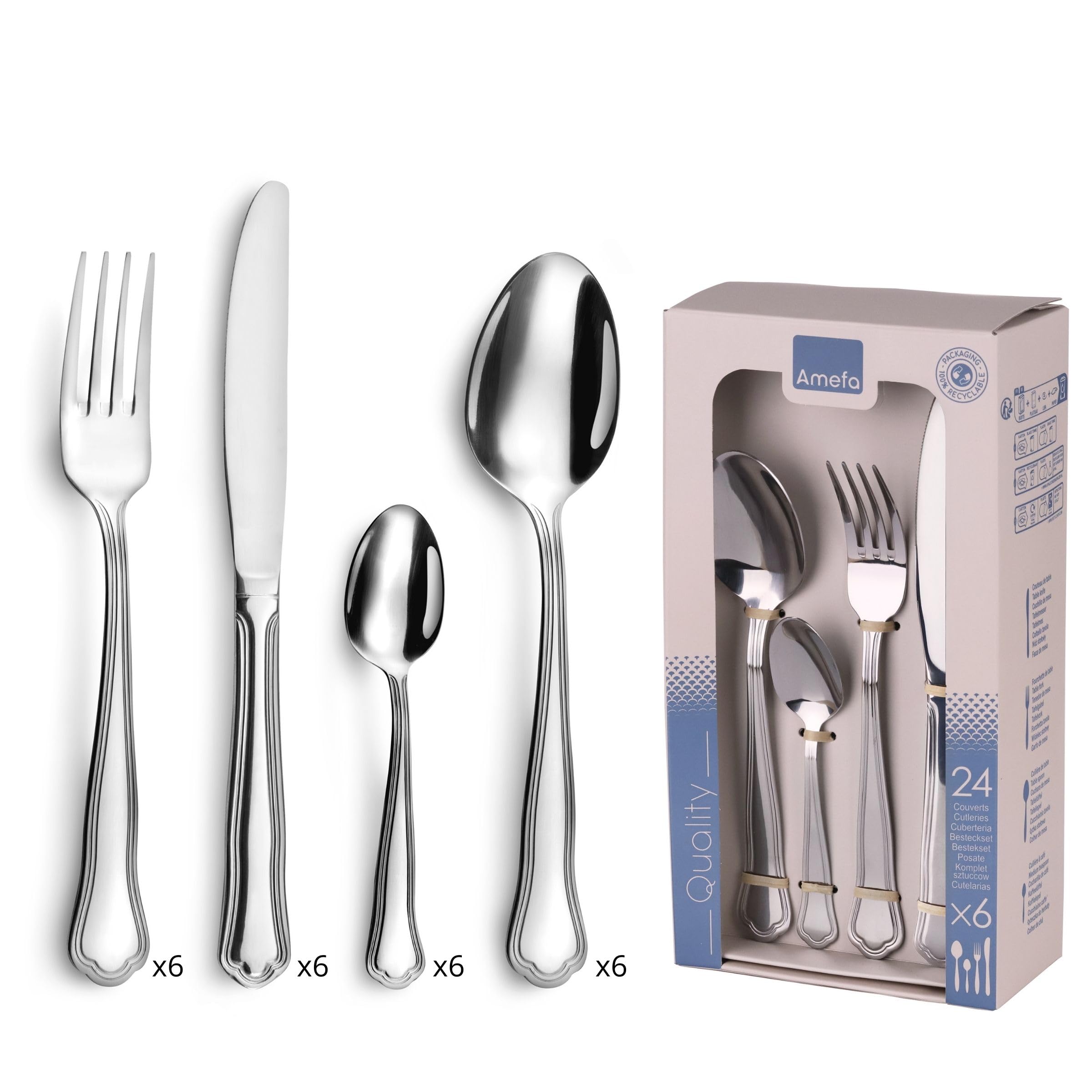 Amefa 099000AF01C40 Contour Urfé 24-Piece Cutlery Set for 6 People Stainless Steel Glossy 13.7 x 7 x 26.5 cm