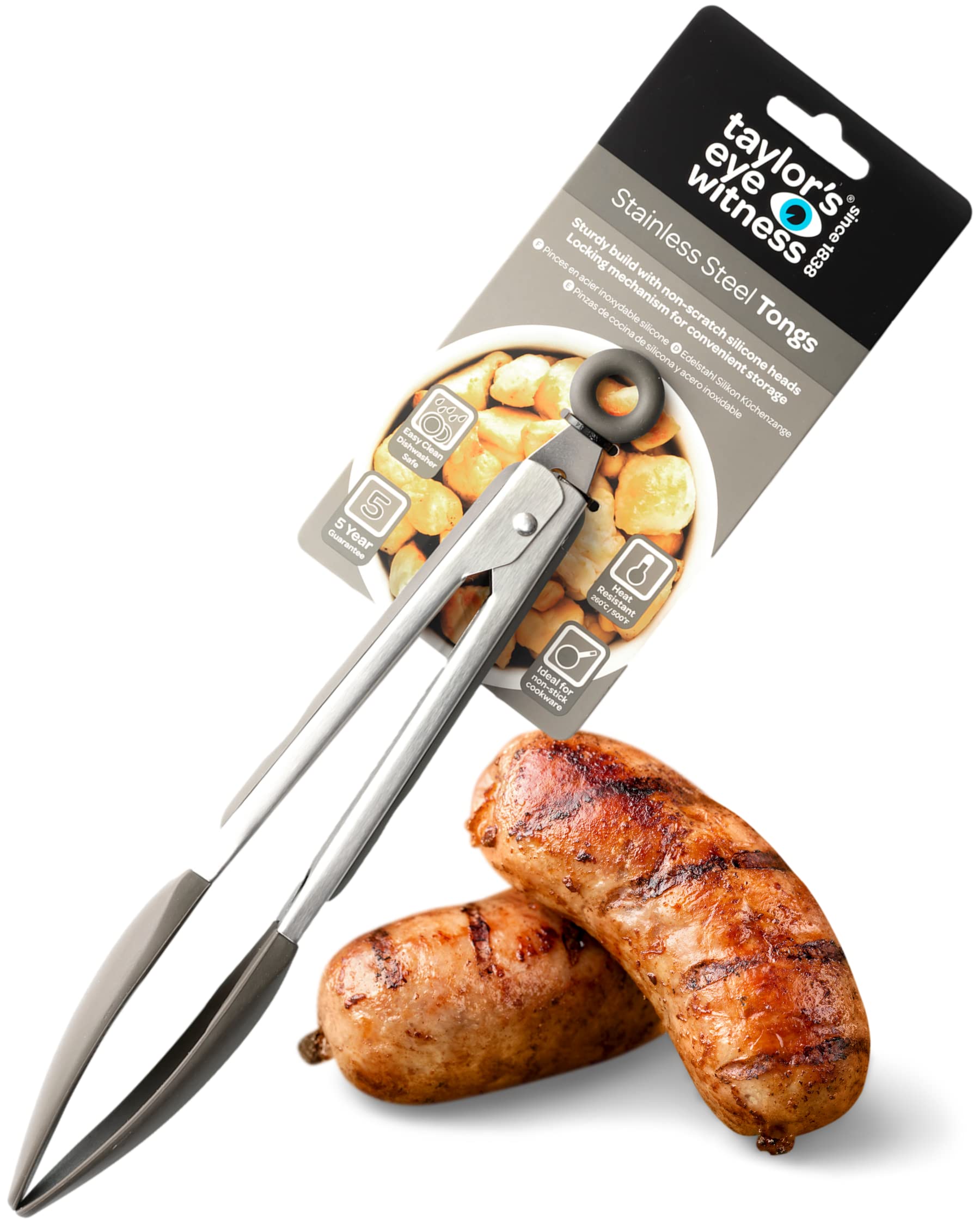 Taylors Eye Witness Large Steel Grey Silicone Tongs - Dishwasher Safe. Sturdy Build, Non-Scratch Heads and Convenient Locking Mechanism. Odour, Stain & Heat Resistant (260°C/500°F). 5 Year Guarantee