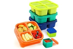 Caperci Lunchable Snack Containers - 4 Compartments Bento Snack Boxes (4 Pack) with 2 Leakproof Sauce Containers, Reusable Divided Food Containers for School, Work, Travel (Jewel Brights)