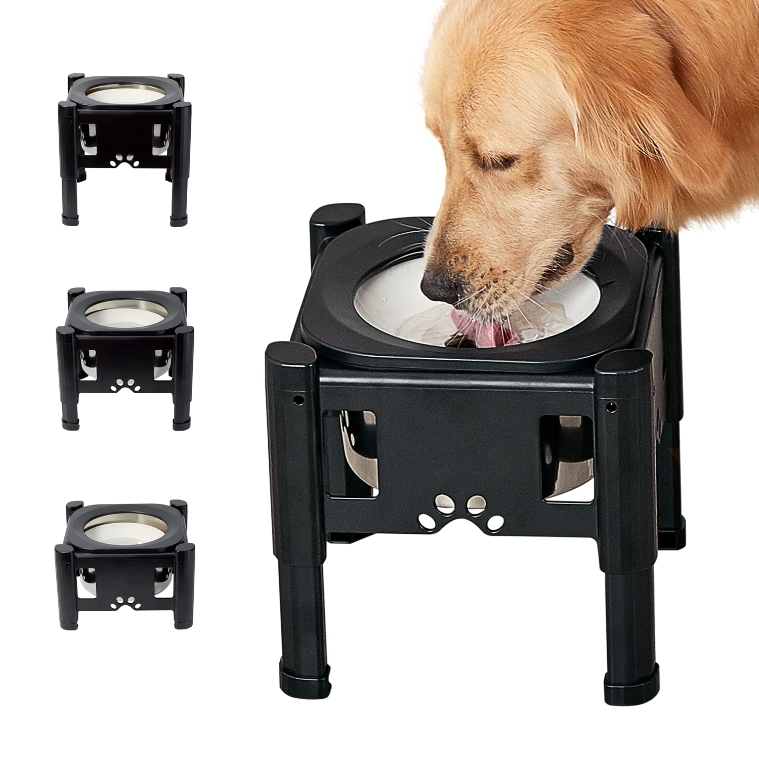 Pawque Raised Dog Bowl, Elevated Dog Bowls, Raised Slow Water Feeder Bowls 2.3L Stand with Adjustable 3 Heights (6.1", 7.7", 9.3") for Medium and Small Sized Dog, No-Spill & Non-Slip Dog Bowl