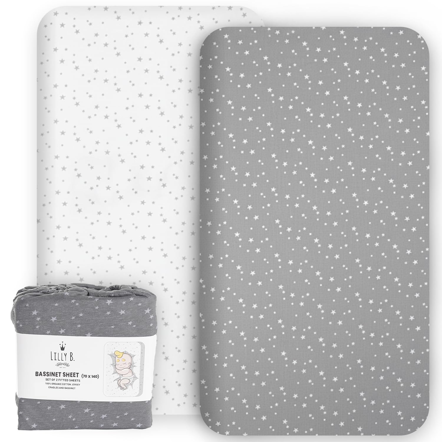 Lilly B. - Next to me Crib Sheets - 100% Organic Cotton 2 Fitted Cot Bed Sheets - Cot Sheets 140x70 Fitted - Compatible Next to me Crib, All Bedside Cribs, Mini Crib up to 140x70cm Pack of 2.
