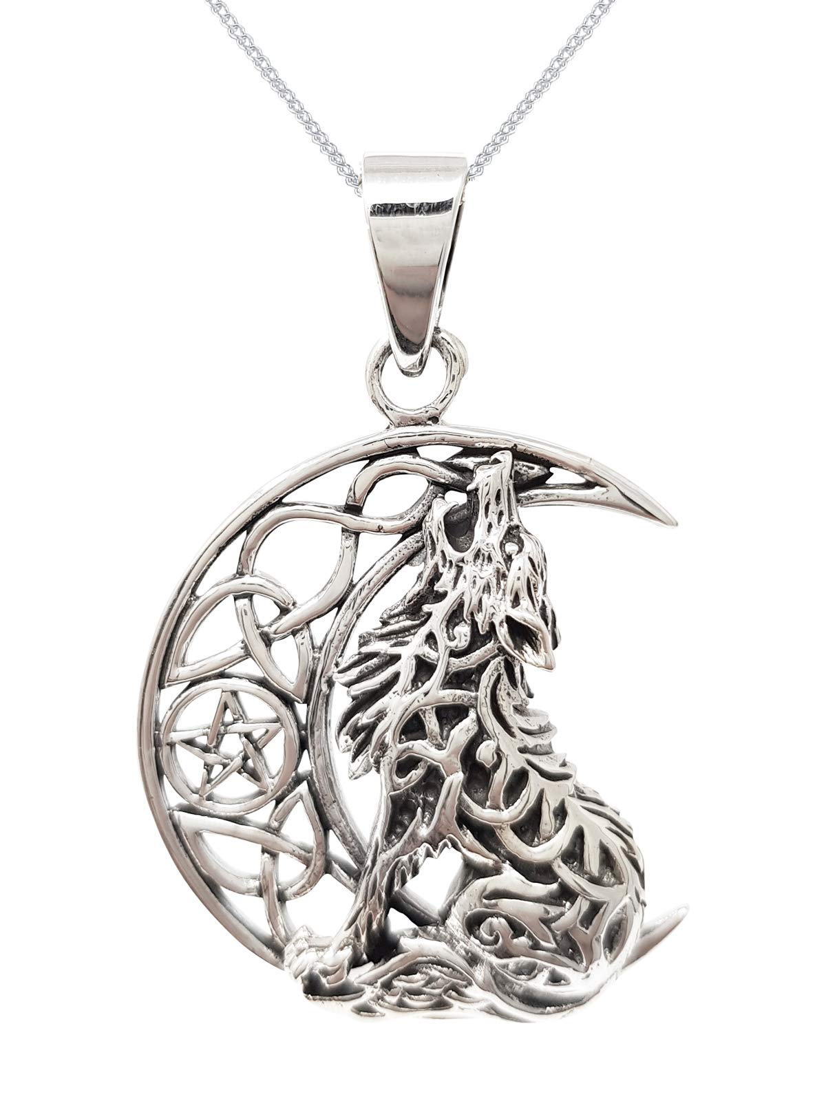 Treasure Bay 925 Sterling Silver Moon and Wolf Symbol Pendant on chain, Pendant for Women