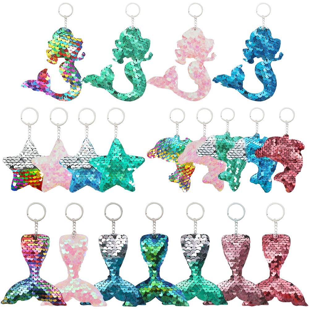 Heqishun 20 PCS Sequin Keyrings, Reversible Mermaid Sequin Keychains Glitter Flip Keychains, Colorful Animal Sequin Key Chains Theme Party Gift Bags Birthday Party Favors Supplies (4 Styles)