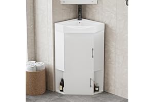 GOFEI 27" Corner Bathroom Vanity Sink Combo for Small Spaces – Modern Freestanding Storage Cabinet with White Sink & Matte Black Faucet – Space-Saving Design for Corner Bathroom Setups