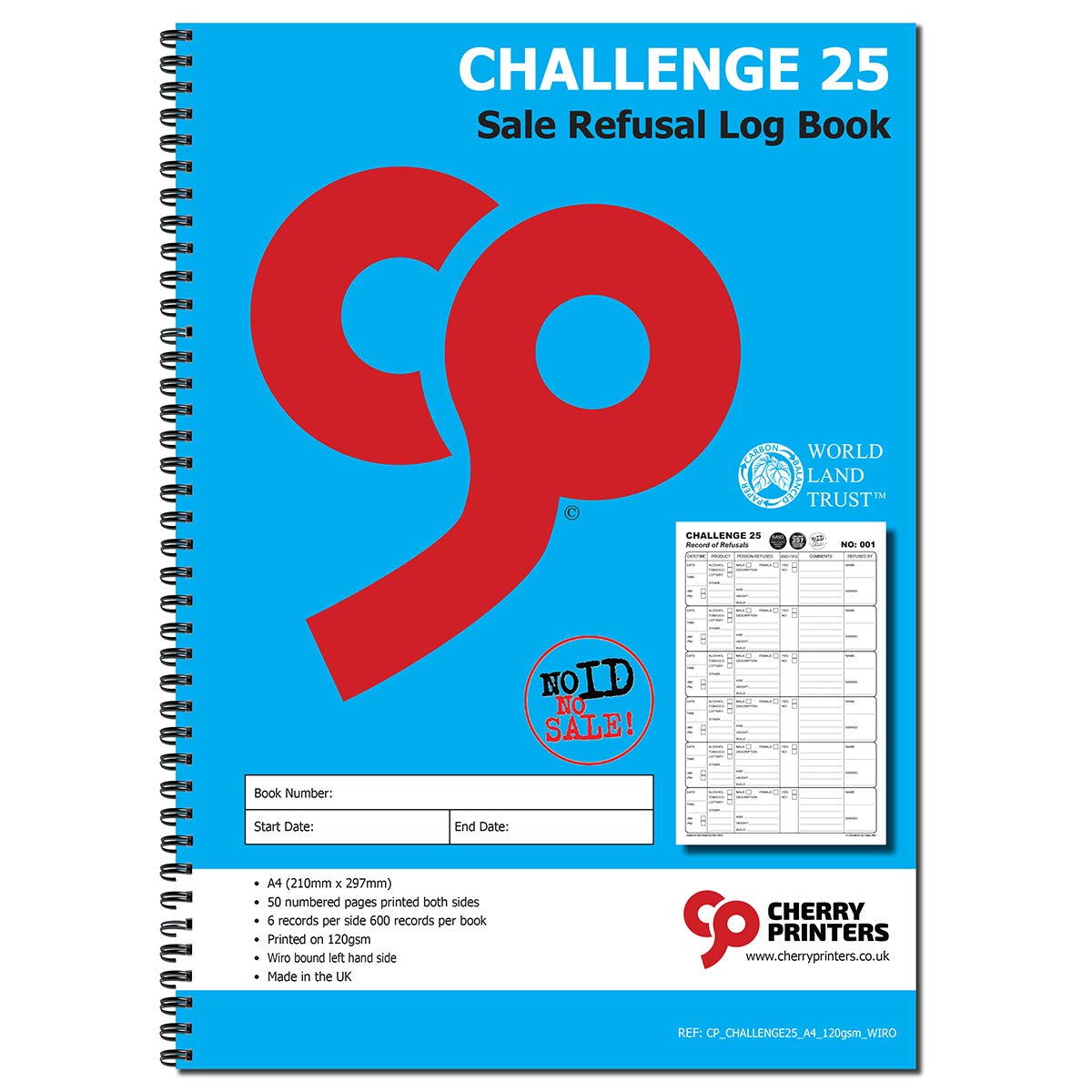 Cherry Challenge 25 Sale/Alcohol Refusal Log Book A4 50page 120gsm Spiralbound