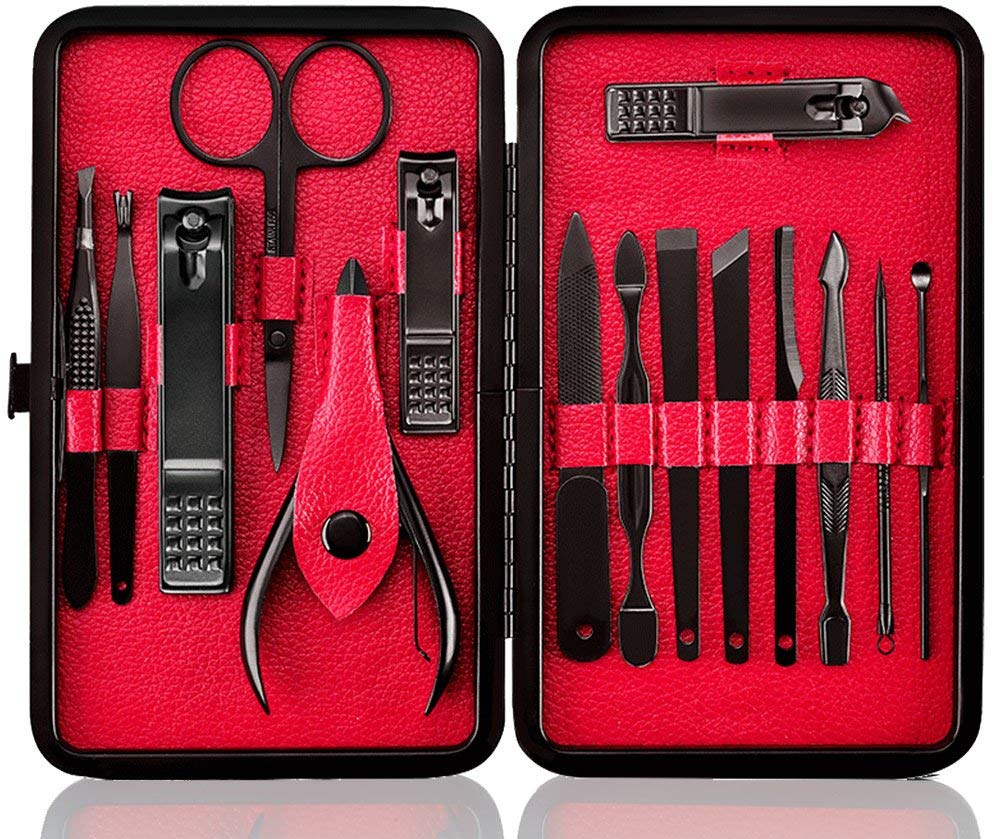 Manicure Set Nail Set Nail Clipper Kit Professional - Stainless Steel Pedicure Set Nail Grooming Kit of 15pcs with Case for Travel (Black/Red)
