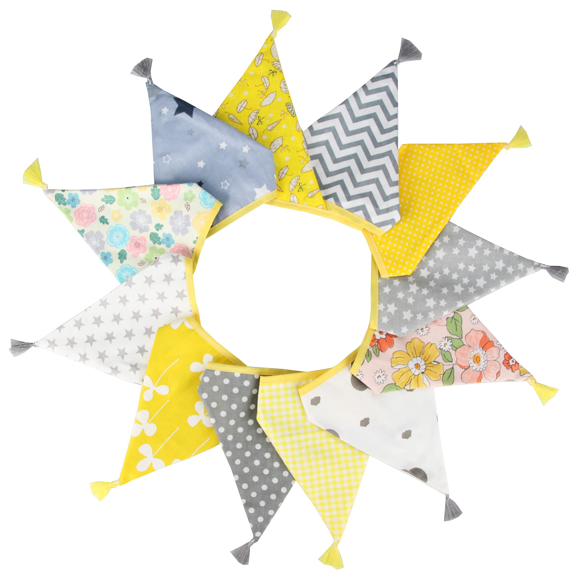 G2PLUS Fabric Bunting Banner with Tassel, 3.3M Double Sided Cotton Tassel Banner with 12 Yellow and Grey Triangle Pennants, Vintage Cloth Garlands for Nursery Bedroom Playhouse Decoration