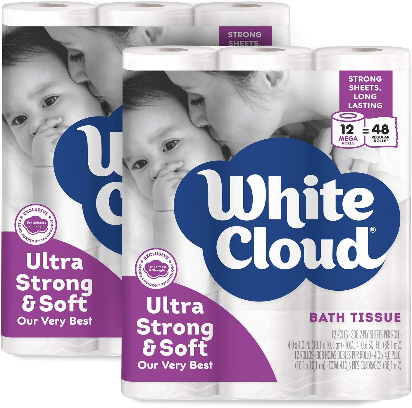 White Cloud 2Ply Strong & Soft Toilet Paper 2 Pack of 12 Rolls, 24