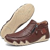 ENOEGMSD Men's Leather Hand Stitching High Top Ankle Boots Comfort Slip On Orthopedic Leather Boots Men Side Zipper Driving Hiking Casual Non-Slip Waterproof Driving Chukka Boots