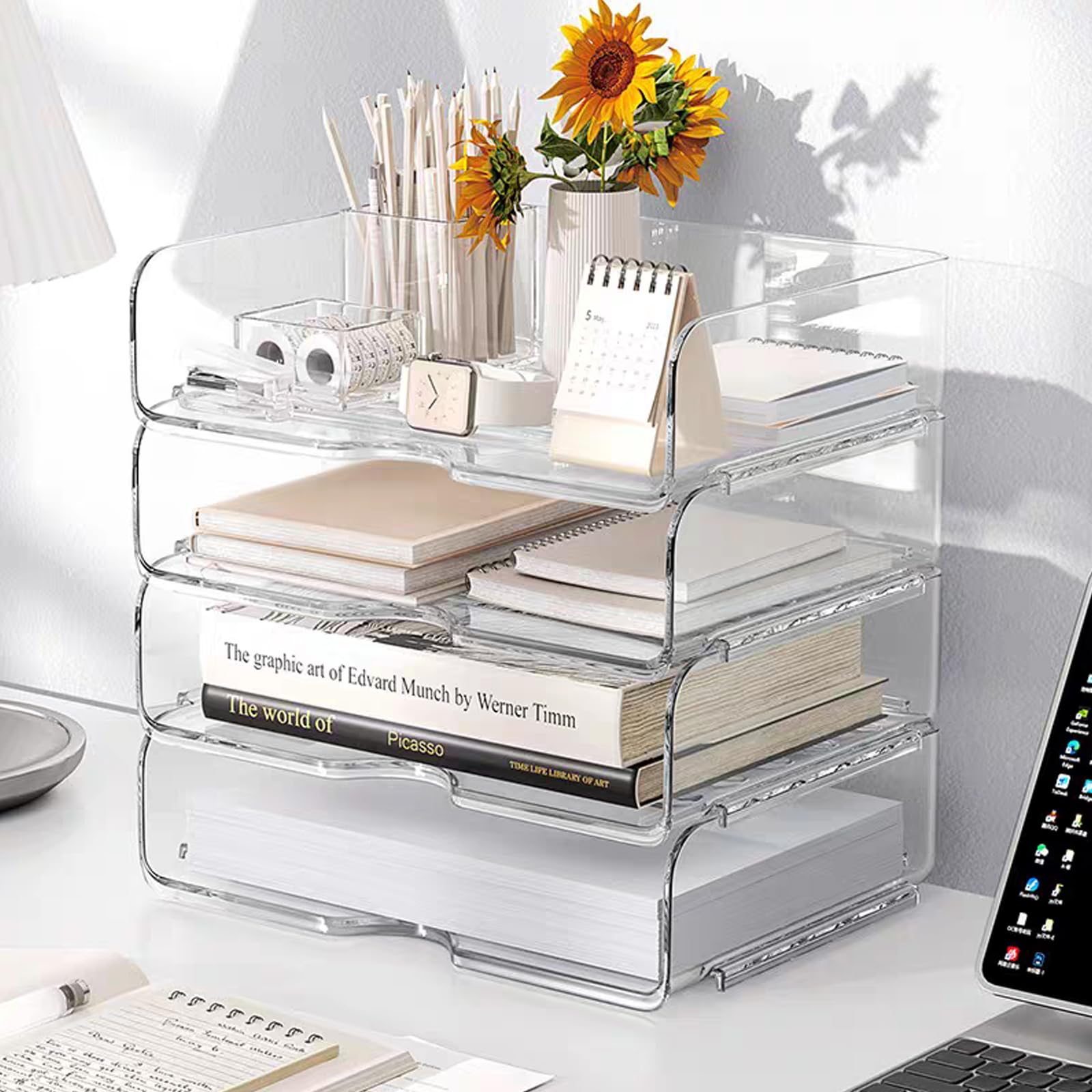 Clear Stackable Paper Trays 4 Pack, Desktop Racks, PET Clear Desk Letter Tray Set, Stackable Desk Organizer for Books, Magazines, Folders, A4 Size File Paper, Notes, Pens
