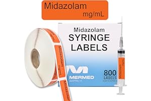 MERMED Midazolam mg/mL Anesthetic Syringe Labels - Box of 800 Labels on Roll (1" core). 12mm x 40mm (Approx 0.5" x 1.5"). Latex-Free Permanent Adhesive. Printed in Australia by Specialist Medical Printer.