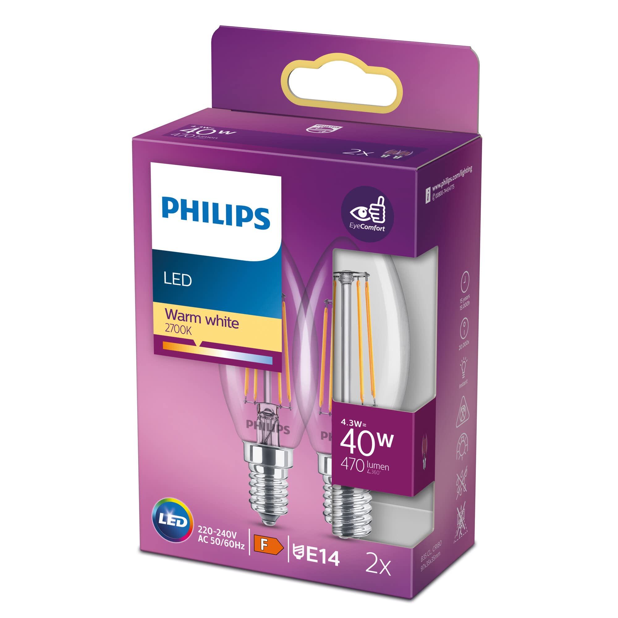 Philips LED Premium Classic Candle Light Bulb [E14 Small Edison Screw] 4.3W - 40W Equivalent, Warm White (2700K), Non Dimmable