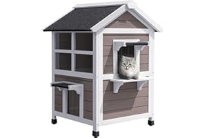 WARCAT Large Outdoor Two-Story Cat House, Weatherproof, Outdoor Feral Cat Shelter with Escape Door, Wood Cat Condo with Windows for Small Animals (Brown, Two Story)
