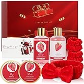 Valentines Day Gifts for Women, Strawberry Bliss 9 Pcs Luxury Bath Gift Set for Women - Moisturizing Shower Gel, Bubble Bath, Body Butter | Self Care, Birthday, Christmas Gift in Premium Box
