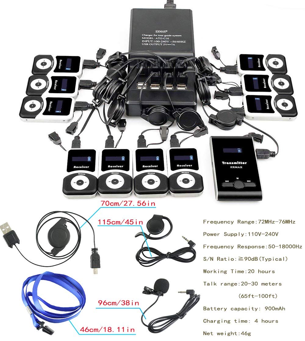 EXMAX® ATG-100T 195MHz Wireless Tour Guide System Simultaneous Translation Interpreting Equipment for Church Translator in Your Ear Translation Devices 1 Transmitter 15 Receivers + Charge Station