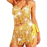 BODIY Sequin Fringe Skirt Top Sparkly Belly Dance Outfits for Women