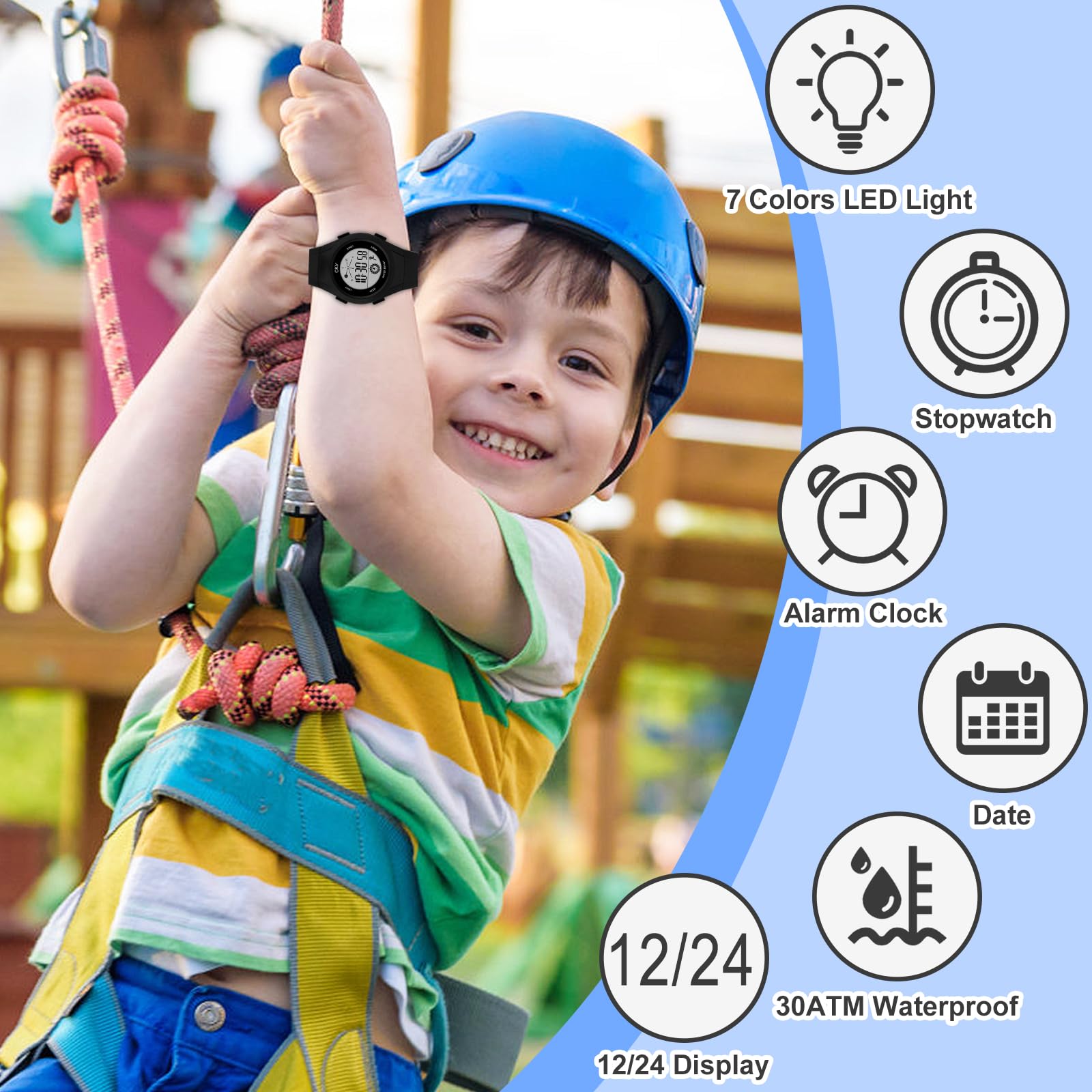 CKV Kids Digital Watch for Girls Boys with 7 Colors LED Lights 30 M Waterproof Children's Outdoor Wristwatch with Alarm and Stopwatch