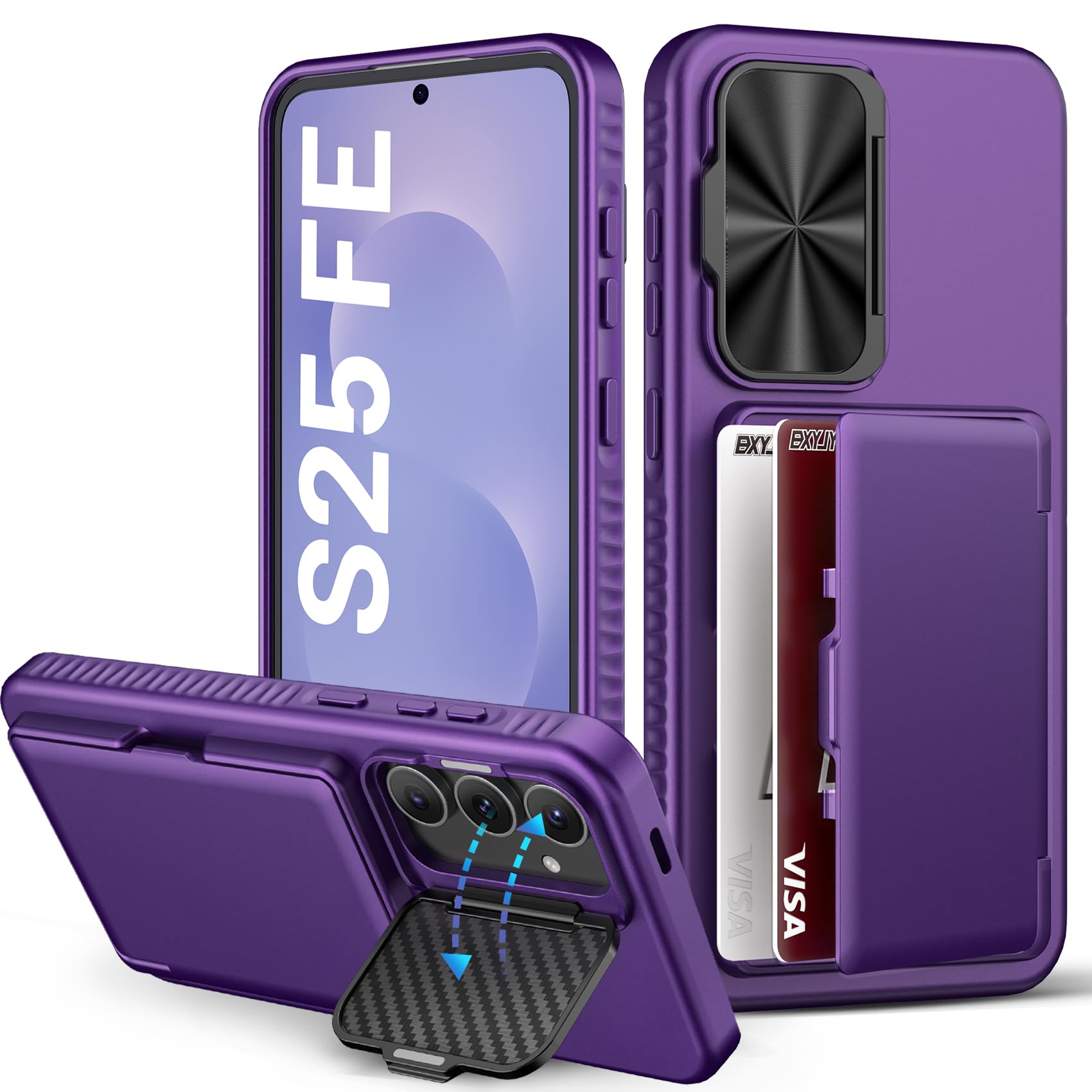 BXYJY for Samsung Galaxy S25 FE Wallet Case with Camera Cover Kickstand, Card Holder (3-5 Cards), Military Grade Protection, Heavy Duty Women Men Phone Case for Galaxy S25 FE 6.7" 2025, Dark Purple
